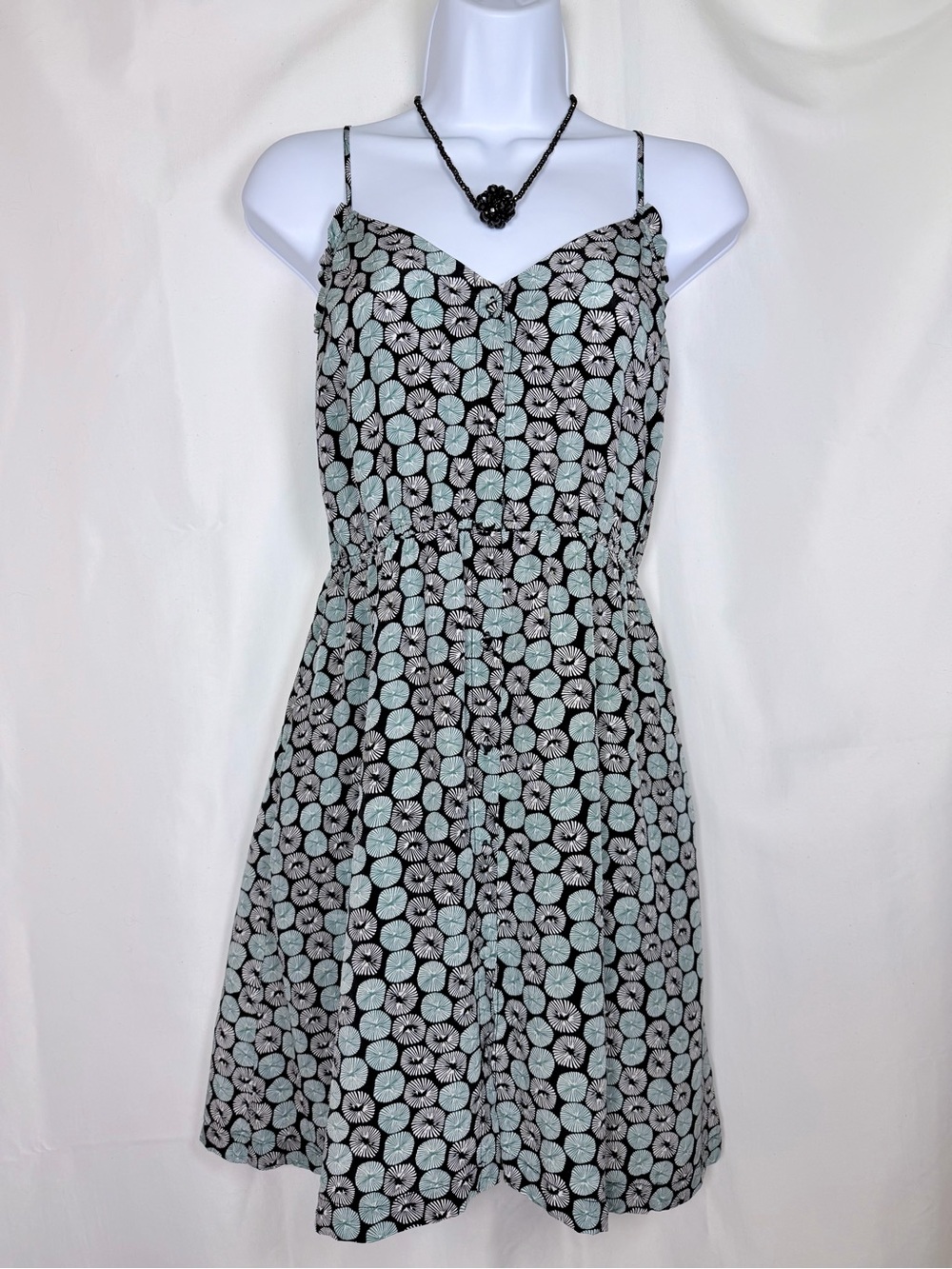 Anthropologie Ecote 100% Silk Dress M Black Teal White Geometric Print Pockets